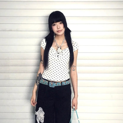 Cathy Dollette Japanese    Slim Polka Dot Crop Short Sleeve Streetwear Fairycore Grunge TopKoren Style Summer
