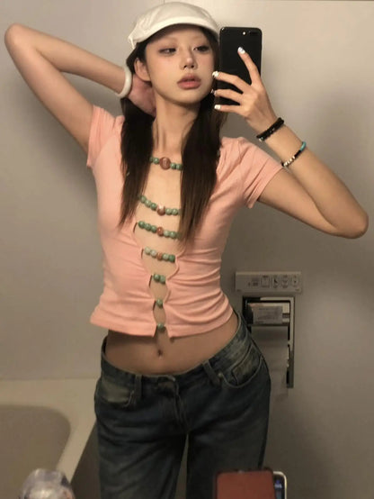 Cathy Dollette Vintage T Shirt  Short Sleeve Hollow Out  Retro Crop Top Korean Style Tee TopSummer Sexy Tshirts