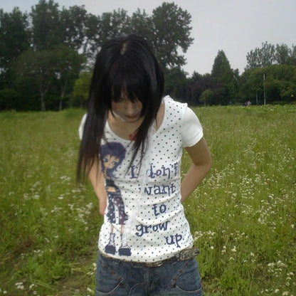 Cathy Dollette Harajuku Print T Shirt  Short Sleeve Slim  Japanese Grunge Top2000s  Fairycore Tee Top