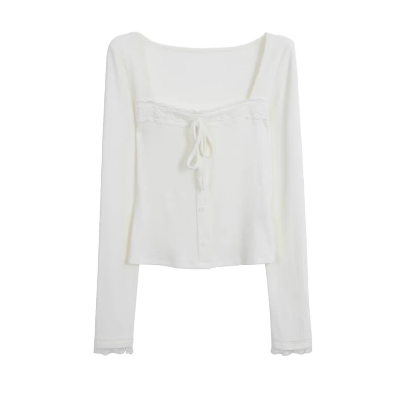 Cathy Dollette Hotsweet Square Collar 's  Long Sleeve Korean Fashion 2000s Clothes  Autumn TopTees Female Clothing