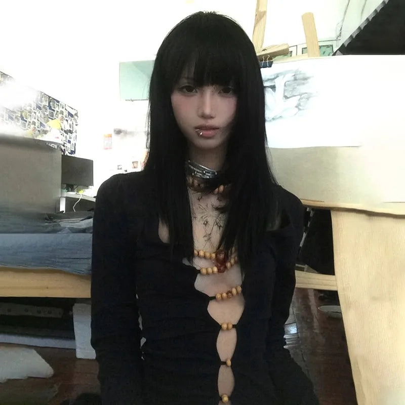 Cathy Dollette Japanese  Hollow Out TopVintage Harajuku Beaded T Shirt 2000s s Long Sleeve Slim s American Retro