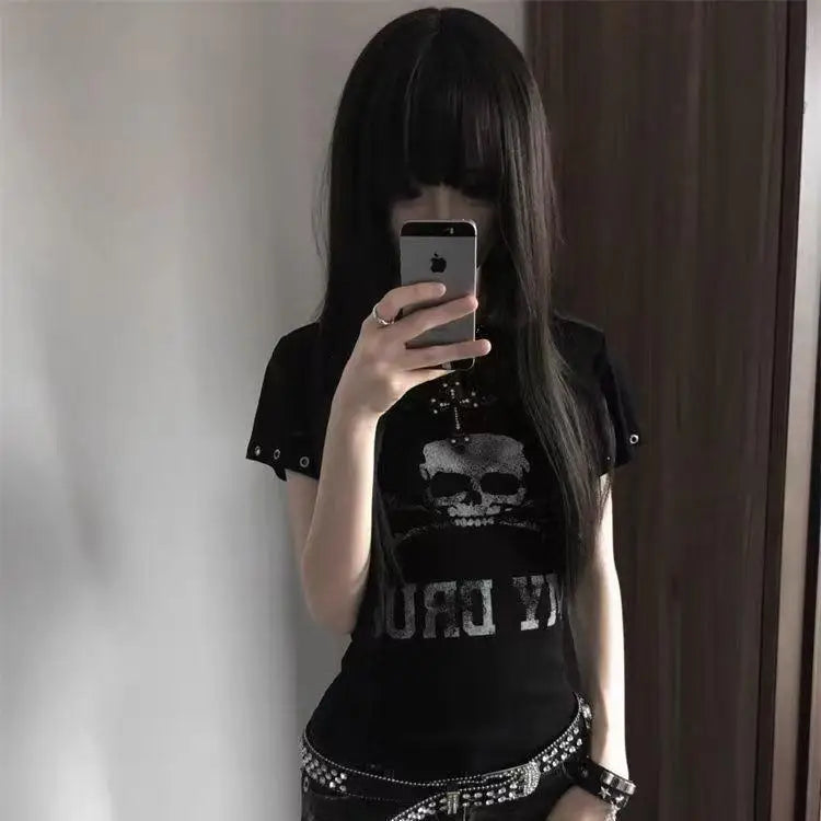 Cathy Dollette Goth Print 's  Short Sleeve Gothic Graphic Tee Female Clothing 2000s Clothes  Summer TopSlim Tshirt
