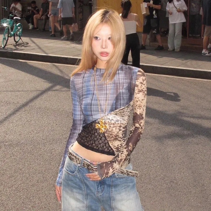 Cathy Dollette Japanese  Patchwork Mesh TopTrashy 2000s Lace Sheer Top Grunge s Irregular  Vintage Harajuku Korean