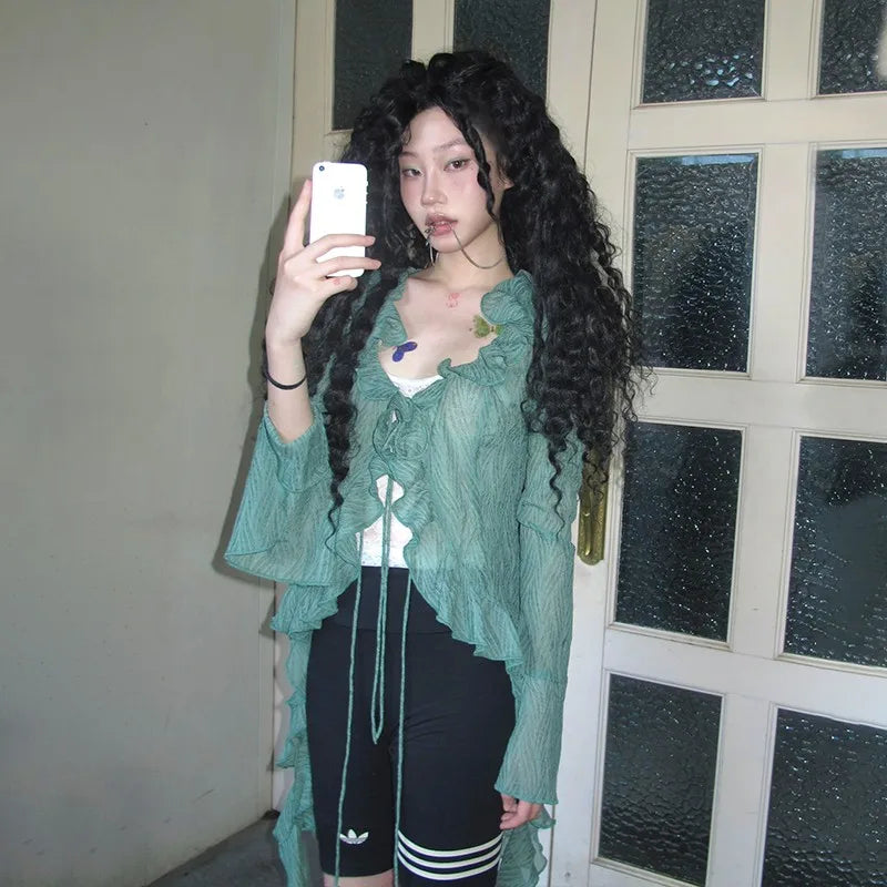 Cathy Dollette Japanese  Lace Shirt Vintage 2000s Style Ruffles Blouses Grunge s Irregular Green Shirts American Retro 90s