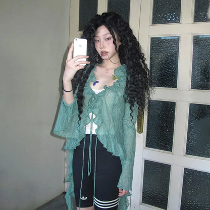 Cathy Dollette Japanese  Lace Shirt Vintage 2000s Style Ruffles Blouses Grunge s Irregular Green Shirts American Retro 90s