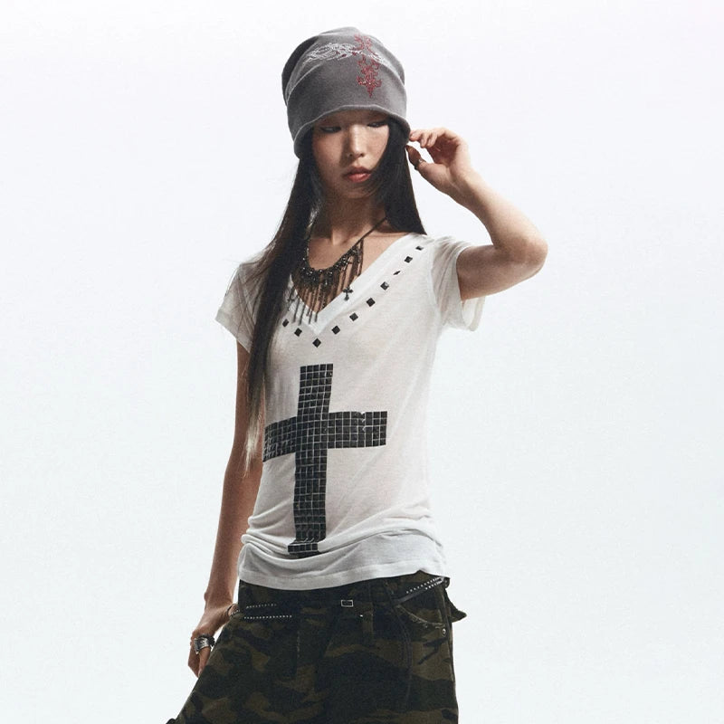 Cathy Dollette Grunge s Metal Cross-print  Trashy 2000s Style V-neck Sheer Top Vintage Gothic Streetwear American Retro