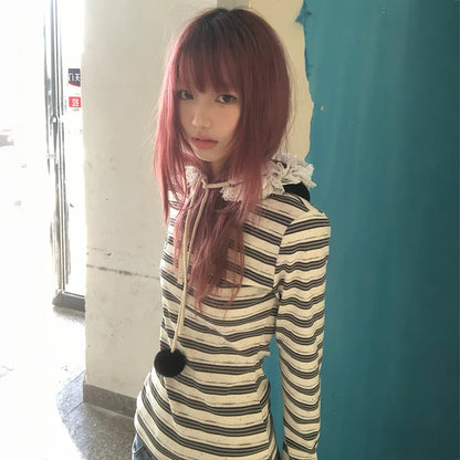 Cathy Dollette Japanese  Striped Knit  Vintage Harajuku Long Sleeve Knitted TopKorean 2000s Style Knitwear American Retro