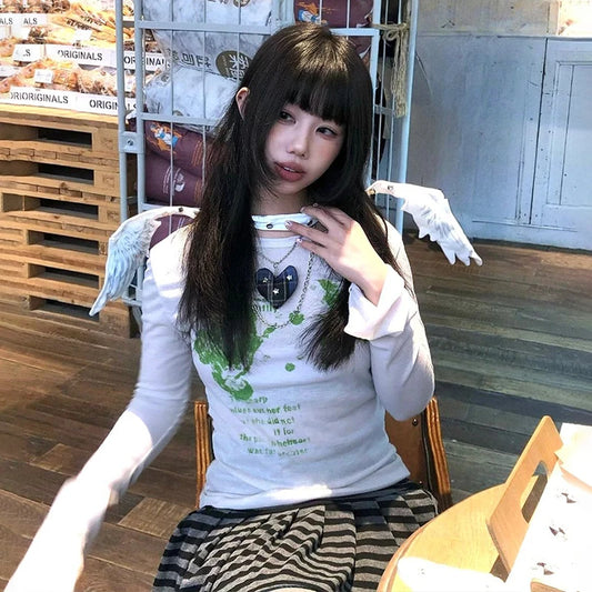 Cathy Dollette Japanese  Graffiti Print  2000s s Flare Sleeve T Shirt Vintage Harajuku Fairycore TopAmerican Retro