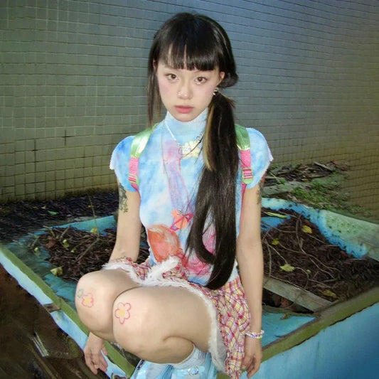 Cathy Dollette Japanese  Crop Top 2000s s Graphic T Shirts Vintage Harajuku Short Sleeve  Grunge Tie-dye Slim Tops