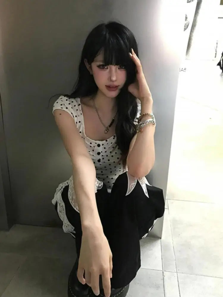 Cathy Dollette Polka Dot Short Sleeve  T Shirt Hotsweet 2000s Clothes  Korean Fashion Tees Female Clothing Slim Summer Tops