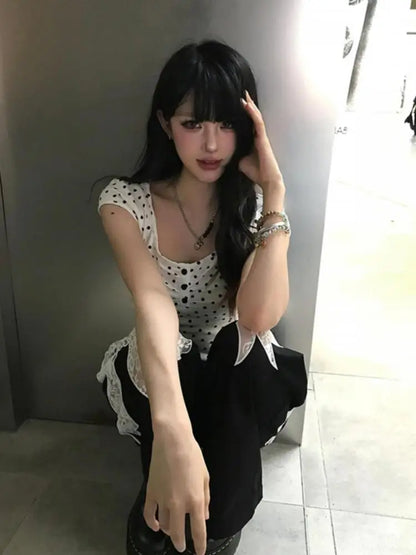 Cathy Dollette Polka Dot Short Sleeve  T Shirt Hotsweet 2000s Clothes  Korean Fashion Tees Female Clothing Slim Summer Tops