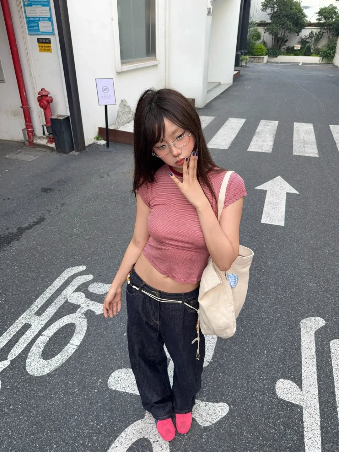 Cathy Dollette Harajuku Striped T Shirt  Short Sleeve Slim  Vintage Crop TopClassic American Retro Basic Tshirts Streetwear