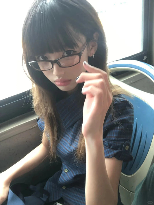 Cathy Dollette  Japanese  Shirt Short Sleeve Irregular Plaid Blouse And Shirt Grunge Top 2000s Shirts Tops