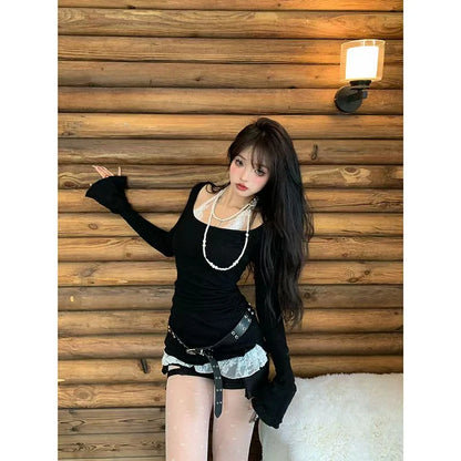 Cathy Dollette Fairycore Patchwork Lace Halter Top's  Long Sleeve Tees Female Clothing 2000s Clothes  Autumn TopChic