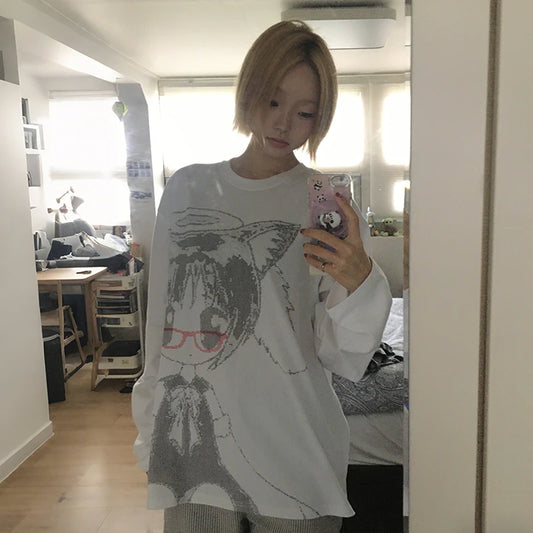 Cathy Dollette Japanese  Anime Print  2000s Korean Style Long Sleeve T Shirt Vintage Harajuku Cutecore White TopKawaii 00s