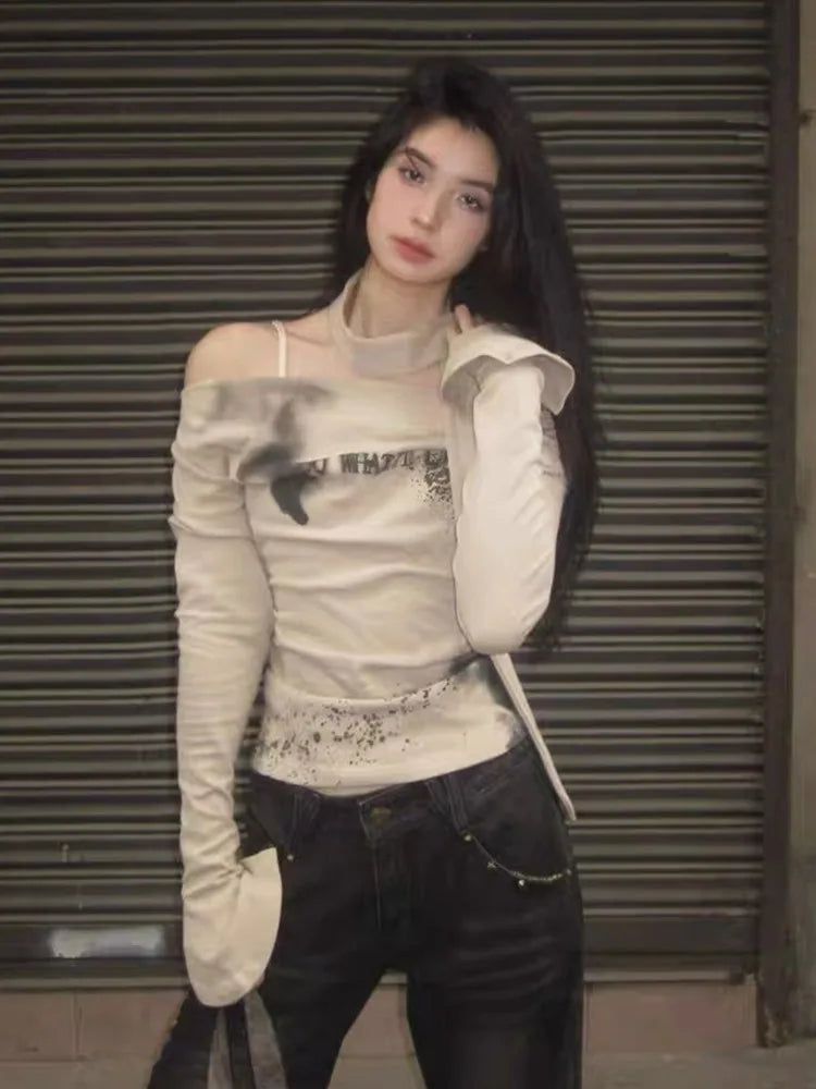 Cathy Dollette Vintage Print T Shirt  Flare Sleeve  Crop TopGrunge TopE-girl Tee TopJapanese 2000s Streetwear Tshirts