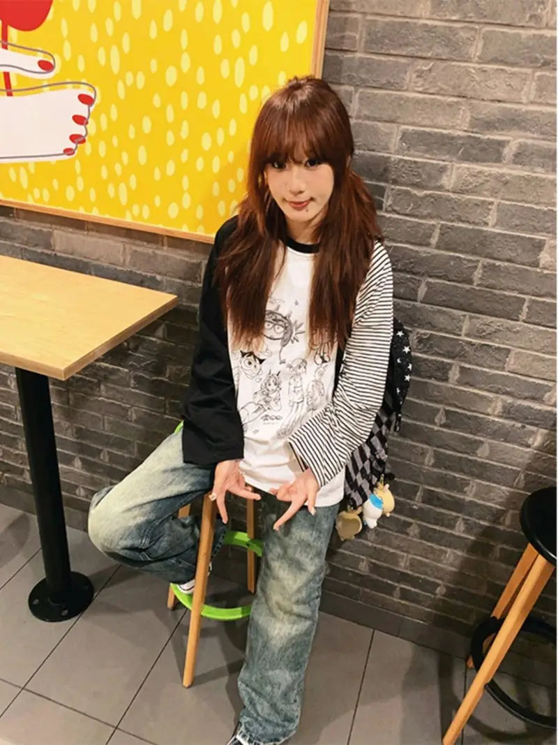 Cathy Dollette Graphic T Shirts 2000s Clothes  Korean Fashion Long Sleeve Loose Hotsweet Goth Autumn TopTees Female Print Chic