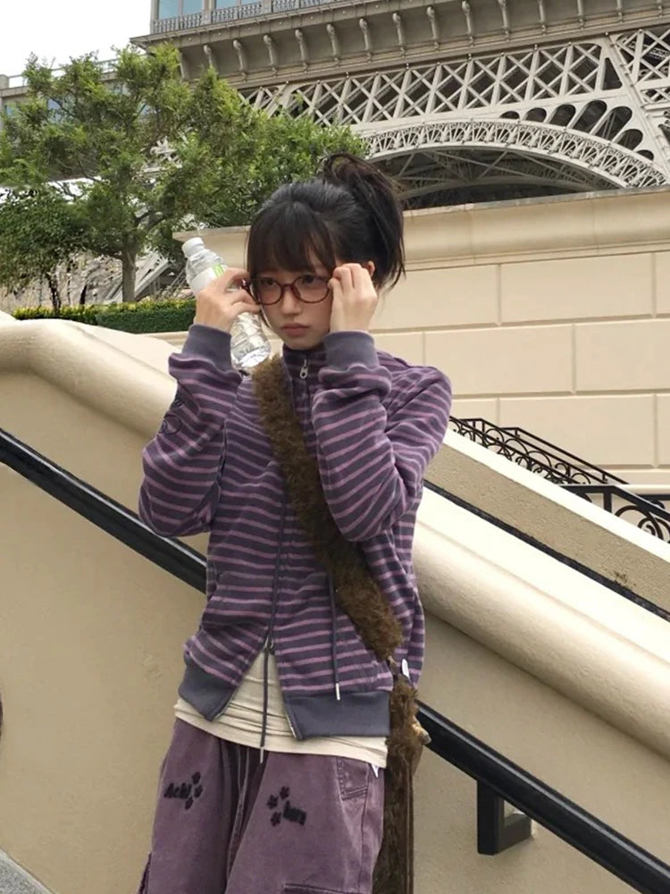 Cathy Dollette  Japanese Sweatshirts  Long Sleeve Striped Stand Collar Sweatshirt High Street Graphic Winter Coats E-girls
