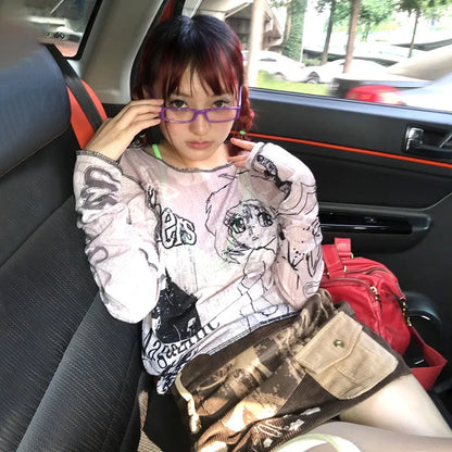 Cathy Dollette Japanese  Graffiti Print TopVintage Harajuku Anime Long Sleeve  2000s s Grunge Tee American Retro