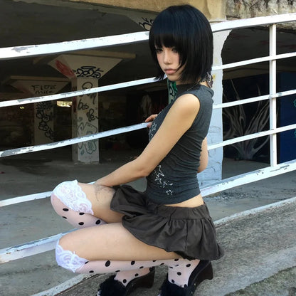 Cathy Dollette  Japanese   Irregular Crop TopOff Shoulder Diamonds Streetwear Grunge TopFairycore Tshirts
