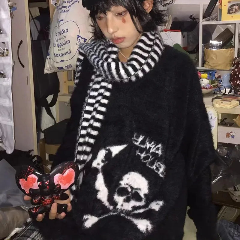 Cathy Dollette Gothic Skulls Sweater Grunge Dark s Knitted Jumper V-neck Harajuku Loose Mohair Pullover Emo Alt Knitwear