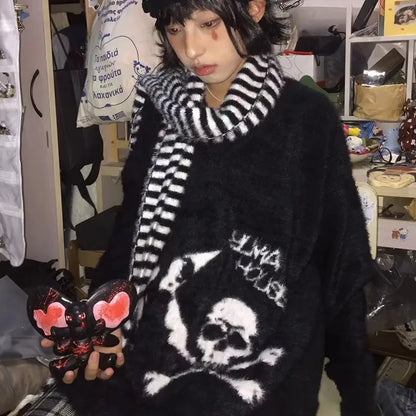 Cathy Dollette Gothic Skulls Sweater Grunge Dark s Knitted Jumper V-neck Harajuku Loose Mohair Pullover Emo Alt Knitwear