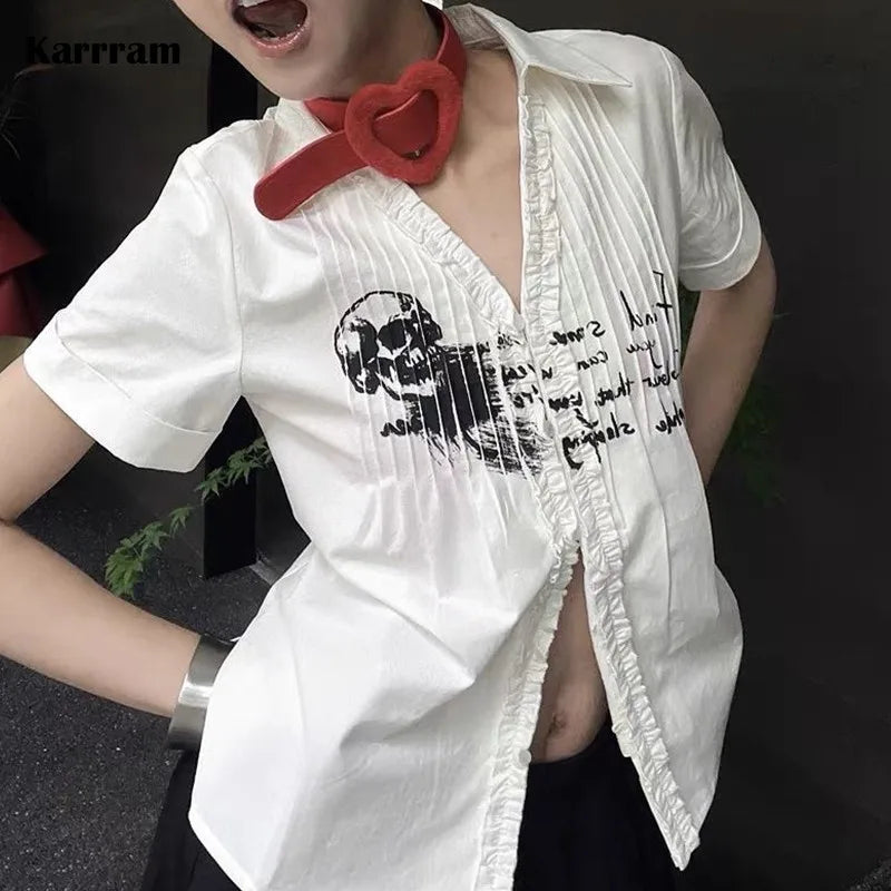 Cathy Dollette  s Pleated Shirt Grunge Gothic Skull Print White Shirts Trashy 2000s Style V-neck Blouses Japanese Harajuku