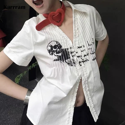 Cathy Dollette  s Pleated Shirt Grunge Gothic Skull Print White Shirts Trashy 2000s Style V-neck Blouses Japanese Harajuku