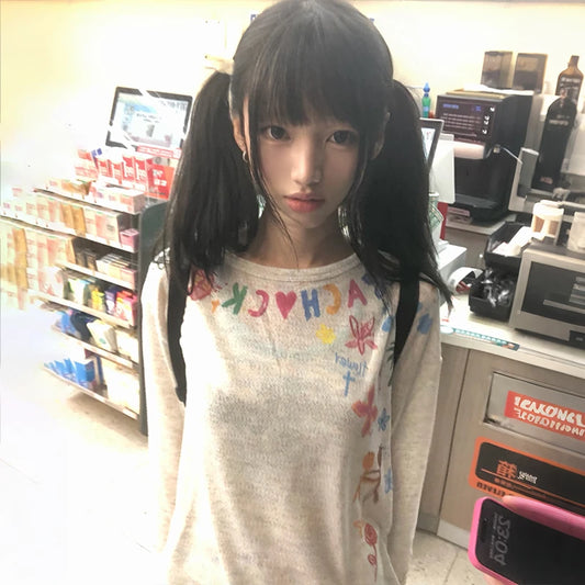 Cathy Dollette Japanese  Letter Print  Vintage Harajuku Thin Knitted Top2000s Style Colorful Graffiti Knit T Shirt American