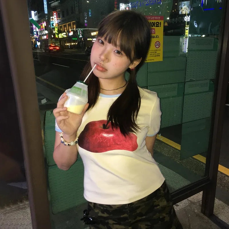 Cathy Dollette Japanese  Apple Print  Vintage 2000s Style Crop Top Harajuku s Short Sleeve Tee Shirt American Retro