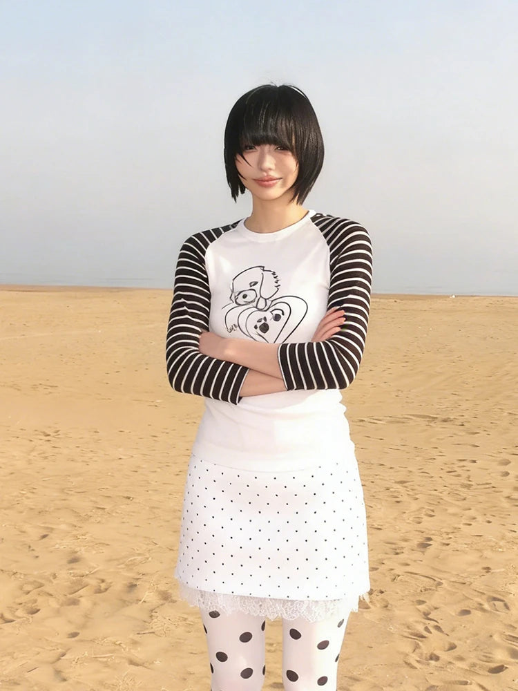 Cathy Dollette  Japanese   Three Quarter Print Graphic Top Vintage Tee TopPatchwork Striped T Shirt
