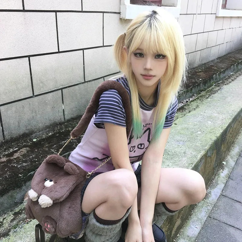 Cathy Dollette Japanese  T Shirt Trashy 2000s Kitten Print s Grunge s Short Sleeve Patchwork TopVintage Harajuku