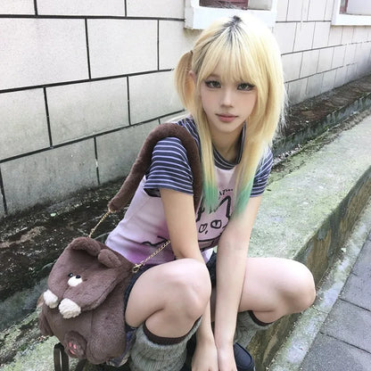 Cathy Dollette Japanese  T Shirt Trashy 2000s Kitten Print s Grunge s Short Sleeve Patchwork TopVintage Harajuku