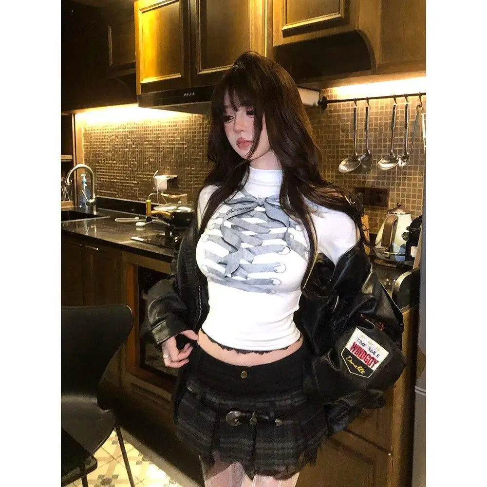 Cathy Dollette Harajuku Print T Shirt  Skinny Turtleneck Crop TopLace  Aesthethic Vintage Tshirts Streetwear Grunge Tops