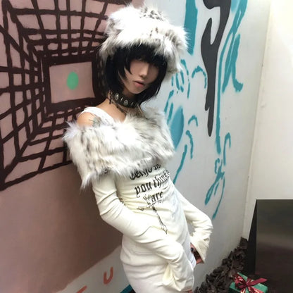 Cathy Dollette Japanese  Fur Collar Top2000s s Off Shoulder Knit TopVintage Harajuku Letter Print Long Sleeve