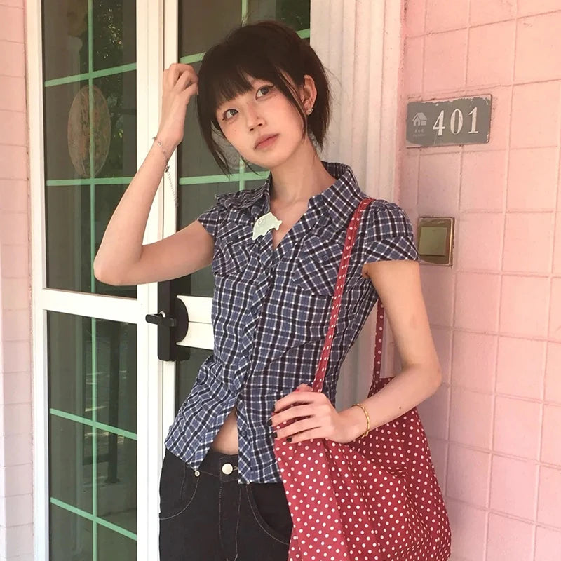 Cathy Dollette Japanese  Plaid Shirt Vintage Harajuku V-neck Blouses Korean Fashion  Short Sleeve Shirts 2000s American Retro