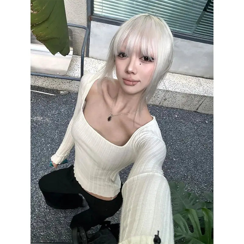 Cathy Dollette Hotsweet Square Collar Knitwear 's  Long Sleeve Slim 2000s Clothes  Pullover Autumn TopTees Female Chic
