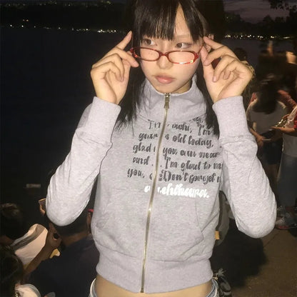 Cathy Dollette Japanese  Cropped Jacket Vintage Harajuku Short Coat American Retro Letter Print Zipper Sweatshirt Grunge Outerwear