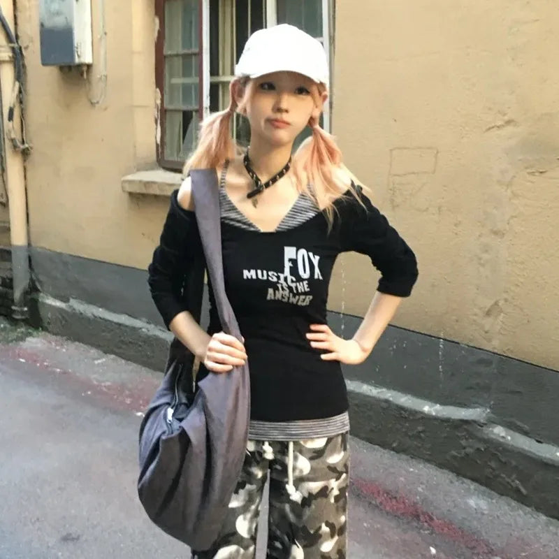 Cathy Dollette Japanese  Fake Two-piece TopTrashy 2000s Off Shoulder  Vintage Harajuku Long Sleeve T Shirts Grunge Gothic