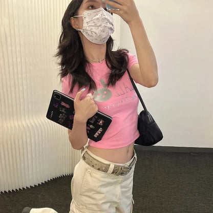 Cathy Dollette Japanese  Pink Crop Top 2000s s Kawaii Print  Harajuku Cutecore Short Sleeve Tee Shirt Korean Popular