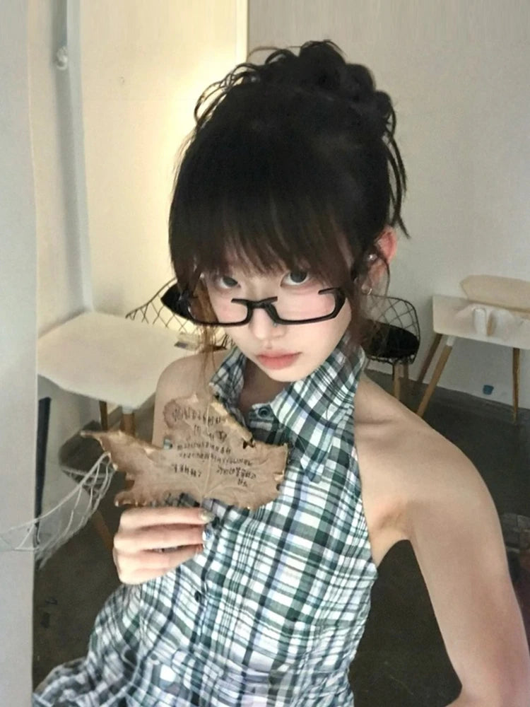 Cathy Dollette Japanese 2000s Plaid Tank Top Turn Down Collar  Vintage Top American Retro Tanks E-girls Summer