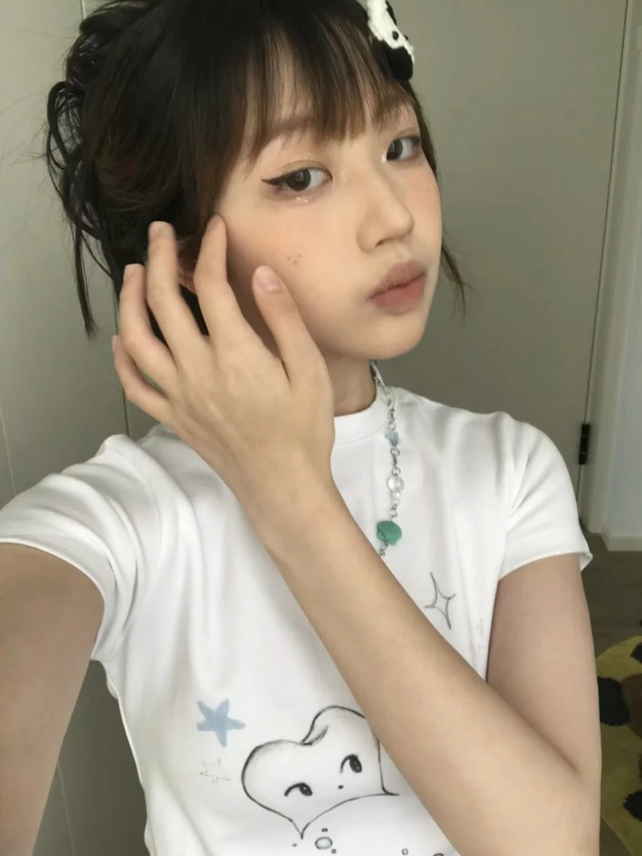 Cathy Dollette Korean Style   Short Sleeve Print Graphic Top Japanese 2000s Crop Top Funny Tshirt Summer