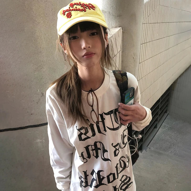 Cathy Dollette Japanese  Letter Print  2000s Style Long Sleeve T Shirt Vintage Harajuku White Loose TopAmerican Retro 90s