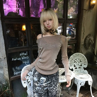 Cathy Dollette Brown glitter See Through Mesh Top
