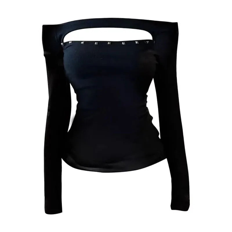 Cathy Dollette Rivet Hollow Out 's  Long Sleeve Black 2000s Clothes  Slim Autumn TopOff Shoulder Tees Female Clothing
