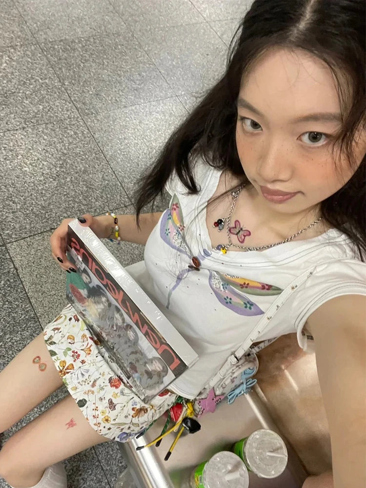 Cathy Dollette  Vintage Print T Shirt  Cotton Short Sleeve Korean Style Graphic Tees 2000s  Casual TopJapanese