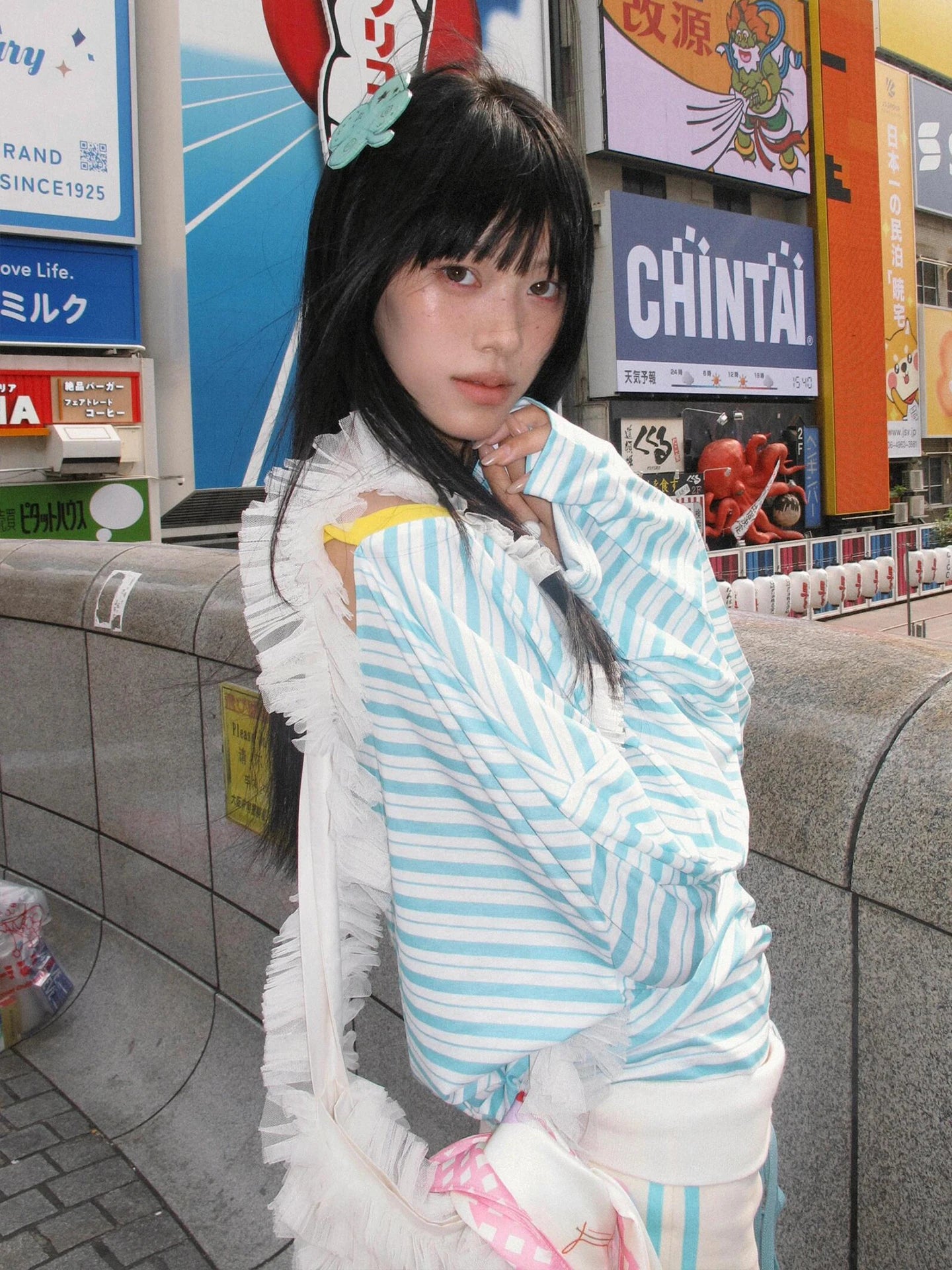 Cathy Dollette Japanese  Blue Striped  Korean 2000s Style V-neck Long Sleeve T Shirt Vintage Harajuku Off Shoulder Loose Tops
