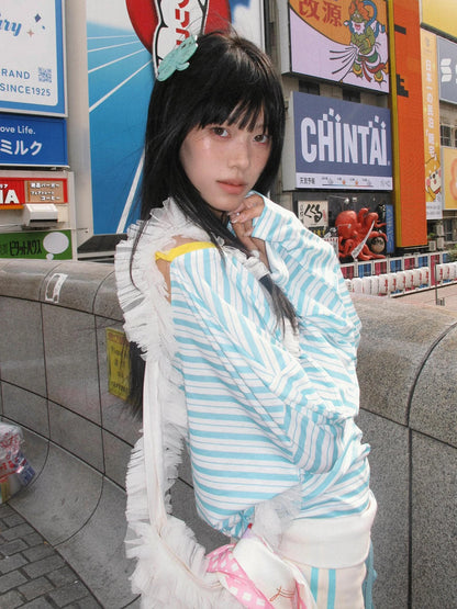 Cathy Dollette Japanese  Blue Striped  Korean 2000s Style V-neck Long Sleeve T Shirt Vintage Harajuku Off Shoulder Loose Tops