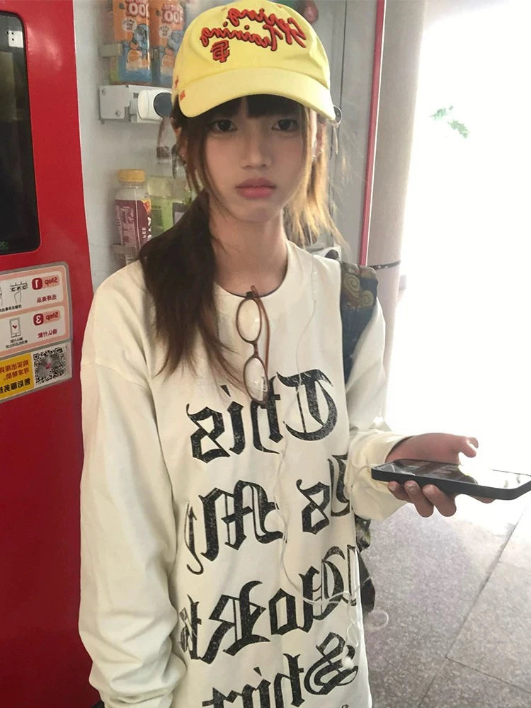 Cathy Dollette Japanese    Casual Loose Print Letter Graphic TopStrretwear American Retro  Grunge Top Tee