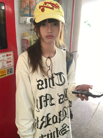 Cathy Dollette Japanese    Casual Loose Print Letter Graphic TopStrretwear American Retro  Grunge Top Tee